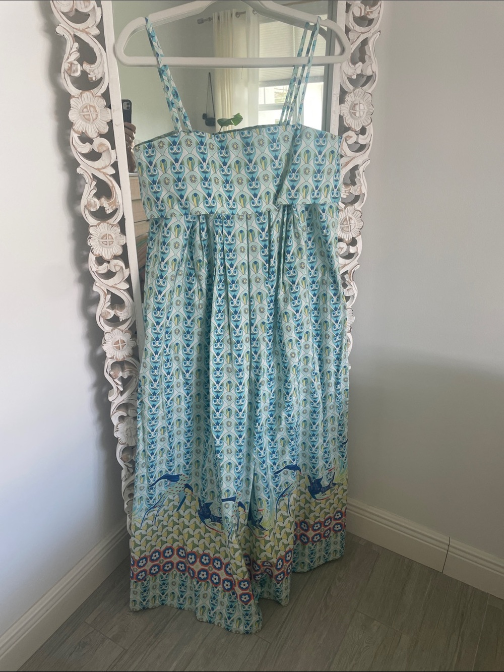 Anthropologie Blue & Aqua Bird Printed maxi Sundress